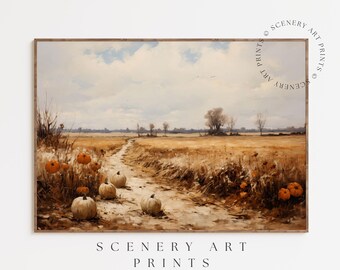Halloween Wall Art - Printable Pumpkin Patch Landscape - Autumn Field Painting - Farmhouse Fall Decor