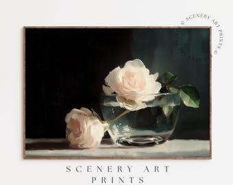 Printable Antique Floral Wall Art - Vintage White Roses - Valentines Print - Moody Painting - Floral Still Life - Digital Download