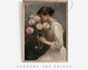 Impresión vintage de mujer con flores - Pintura de rosas rosas antiguas - Decoración rústica de granja - Arte mural - IMPRIMIBLE - Descarga digital