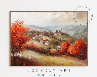 Printable Fall Countryside Landscape Painting - Vintage Scenery Wall Art - Autumn Oil Painting - Nature Wall Decor - Instant Download