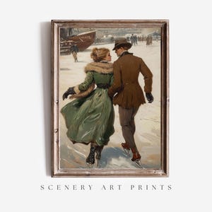Couple Skating Vintage Winter Art Print - Christmas Holiday Decor - Antique Painting Wall Art - Impressionism - PRINTABLE
