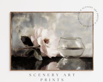 Printable Antique Floral Wall Art - Vintage White Rose - Valentines Print - Moody Painting - Floral Still Life - Digital Download