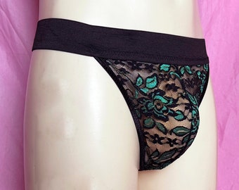 Lingerie Noir/vert - String Homme Dentelle avec élastique large