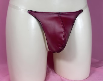 Thong for Men Leather effect - Sexy burgundy thong - Fetish stretch lingerie - Sissy Femboy lingerie - Transparent braces