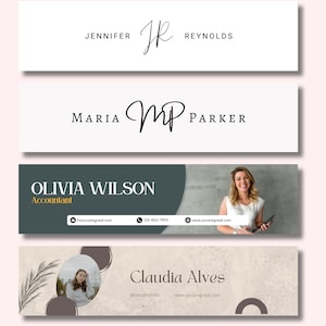 May include: Four different social media banners with a white background. The first banner has the text "JENNIFER JR REYNOLDS". The second banner has the text "MARIA MP PARKER". The third banner has a gray background with the text "OLIVIA WILSON Accountant" and contact information. The fourth banner has a beige background with the text "Claudia Alves @socialhandle www.youaregreat.com".