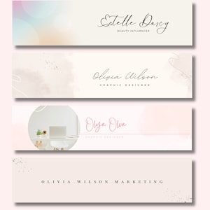May include: Four different social media banners with a light background and a watercolor design. The first banner says "Estelle Darcy Beauty Influencer". The second banner says "Olivia Wilson Graphic Designer". The third banner says "Olya Olwa Graphic Designer" and features a laptop on a desk. The fourth banner says "Olivia Wilson Marketing".