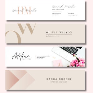 May include: Four different social media banner designs with text and graphics. The first banner is white with a brown monogram "HM" and the text "Hannah Morales, CEO & Founder". The second banner is beige with a brown monogram "W" and the text "Olivia Wilson, Entrepreneur". The third banner is white with a black and white laptop, a pink notebook, and pink flowers. The text is "Adeline Palmerston, www.youaregreat.com, @socialhandle, 123.456.7890". The fourth banner is beige with a pink geometric design and the text "Sacha Dubois, Interior Designer".