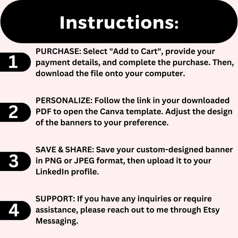 May include: A pink and white graphic with four numbered steps for customizing and sharing a banner. The steps are: 1. Purchase, 2. Personalize, 3. Save & Share, and 4. Support.