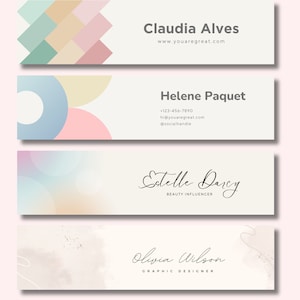 May include: Four business cards with different designs. The top card has a geometric pattern in pink, beige, and green. The second card has a blue and pink circle design. The third card has a light blue and pink gradient with a white circle. The fourth card has a light brown background with a white watercolor design and gold glitter. Each card has a name and title printed in black text.