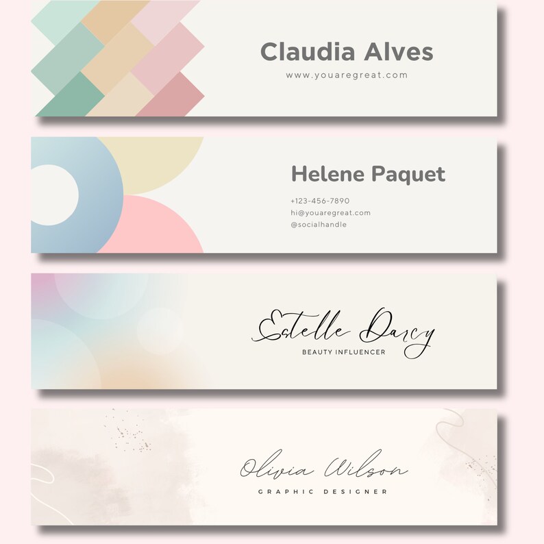 May include: Four business cards with different designs. The top card has a geometric pattern in pink, beige, and green. The second card has a blue and pink circle design. The third card has a light blue and pink gradient with a white circle. The fourth card has a light brown background with a white watercolor design and gold glitter. Each card has a name and title printed in black text.