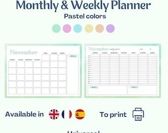 プランナー: 月間および週間プランナー - 英語、フランス語、スペイン語 (パステル) で利用可能