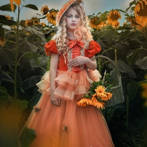 AUTUMN KID DRESS | Velvet Fall Gown | Fall Special Dress | Elegant Autumn Dress | Orange Brown Velvet Warm-Toned Dress | Pumpkin-Color Dress