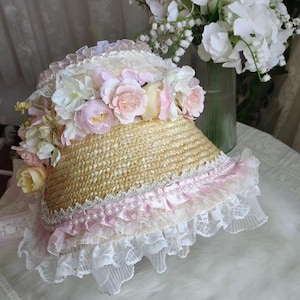 Cottagecore Floral Wide Brim Straw Hat, Vintage Lace Bonnet, Garden Party, Tea Party, Lolita, Summer Hat, Floral Summer Hat, Boho Flower Hat