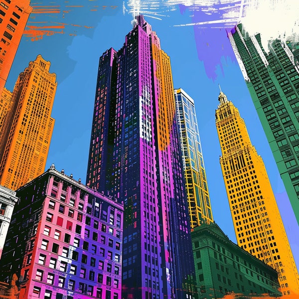 3. "Skyline Spectrum": Elevate your walls with an iconic John Hancock tower with the Chicago skyline bathed in saturated colors.