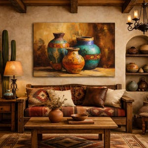 May include: A living room scene featuring a painting of three decorative vases with turquoise and orange hues. The room includes a wooden sofa with patterned cushions, a coffee table, and a cactus.