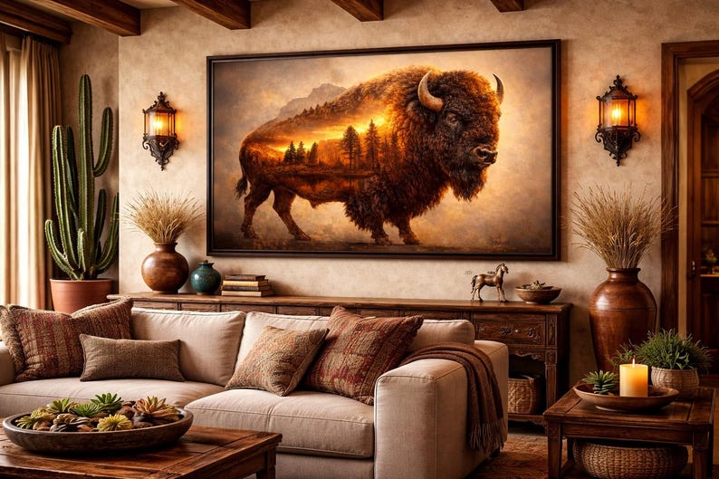 Bison Landscape Matte Canvas Framed | Buffalo Forest Sunset Wall Art - Etsy