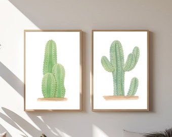 Set of two Green Cactus watercolors, art to decorate, minimalist wall decor, home decor, botanical print