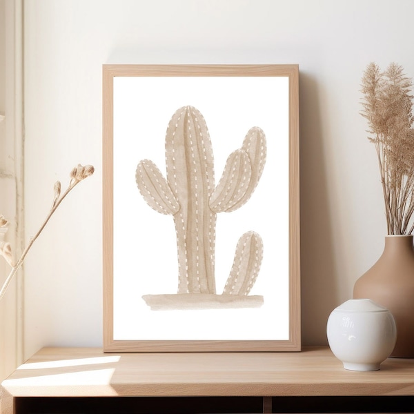 Cuadro Decorativo Acuarela - Cactus en Tonos Neutros, Decoración Neutra y Relajante para Espacios Modernos, Regalo de Arte Botánico Único