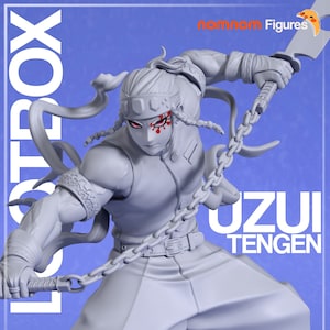 May include: A gray 3D printed figurine of a character from the anime Demon Slayer. The character is holding a sword and a chain. The character has red markings on their face and is wearing a white shirt and black pants. The text "UZUI TENGEN" is printed on the image. The text "PATREON RELEASE JUNE 2024" is also printed on the image.