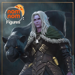 May include: A fantasy figure of an elf with long white hair, wearing a green cloak and leather armor, holding a sword and standing next to a black panther.