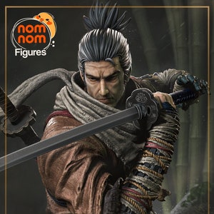 May include: A detailed figurine of a samurai warrior with a black sword and a brown and white outfit. The figurine is posed in a dynamic action pose with the sword raised. The background is a dark forest with bamboo.