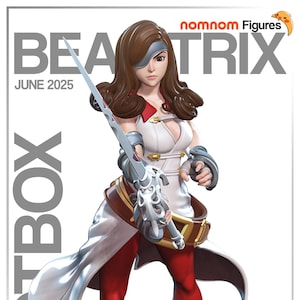 May include: A detailed figure of Beatrix from Nomnom Figures, holding a sword. She wears a white and red outfit with brown accents, a brown hairstyle, and a blue eye patch. The figure is posed on a rocky base, with the text "BEATRIX JUNE 2025" and "LOOTBOX" visible.