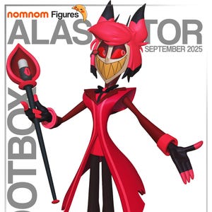 May include: A red and black Alastor figure from the animated series Hazbin Hotel. The figure is holding a staff and has a wide, toothy grin. The figure is standing in front of a television set with a smiling face. The text "ALASTOR" and "LOOTBOX" are visible.
