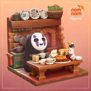 May include: A No Face character from the movie Spirited Away sits at a table with a small white mouse character. The table is set with teacups, a teapot, a plate of cookies, and a slice of cheese. The scene is set in a miniature kitchen with a brick fireplace and a wooden countertop.
