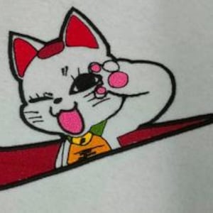 Può includere: Gatto cartone animato rosso e bianco con naso e lingua rosa, che indossa una camicia gialla e arancione, con uno swoosh Nike rosso dietro.