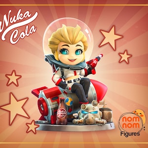 May include: A collectible figurine of a female character wearing a white jumpsuit and a helmet, holding a bottle of Nuka Cola. She is sitting on a rocket-shaped base with a Nuka Cola bottle and a robot head. The background is red with white stars.