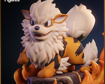 May include: A detailed figurine of a Pokemon character, Arcanine, standing on a rocky base with flames surrounding it. The figurine is made of painted plastic and features a realistic design with intricate details.