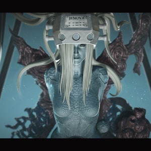 May include: A detailed, blue and white figure of a female character with long white hair. The figure has a large, silver headpiece with the word "Jenova" on it. The figure is surrounded by a dark, organic-looking material.