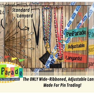 May include: Image features various adjustable lanyards with colorful designs and the text "Pin Parade." One lanyard is black, while others display patterns and the "Star Wars" logo. The text "Standard Lanyard" is also visible.