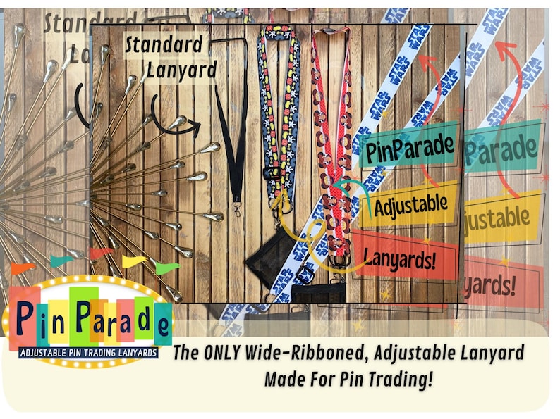 May include: Image features various adjustable lanyards with colorful designs and the text "Pin Parade." One lanyard is black, while others display patterns and the "Star Wars" logo. The text "Standard Lanyard" is also visible.