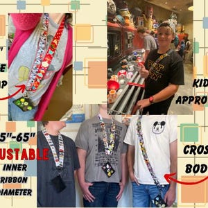 May include: A collection of lanyards with various cartoon character designs. The lanyards have a 1.5-inch wide strap and are adjustable from 35 to 65 inches. The lanyards are shown being worn cross-body. The image text says "Kid Approved!"