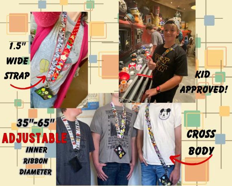 May include: A collection of lanyards with various cartoon character designs. The lanyards have a 1.5-inch wide strap and are adjustable from 35 to 65 inches. The lanyards are shown being worn cross-body. The image text says "Kid Approved!"