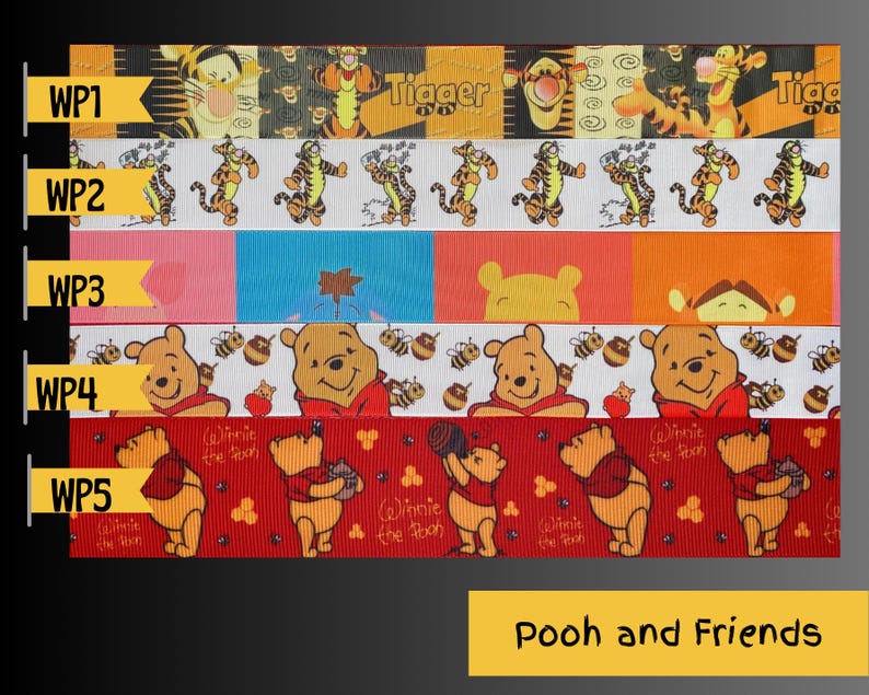 May include: A collection of colorful ribbons featuring characters from Winnie the Pooh. Designs include Tigger, Pooh Bear, and bees. The ribbons have a variety of backgrounds, including red, white, and orange. The text "Pooh and Friends" is displayed on a yellow background.