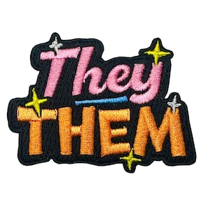 Iron-On Embroidered Patch - Pronouns They Them (Pink/Orange)