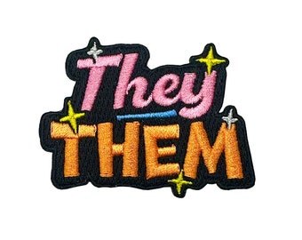 Iron-On Embroidered Patch - Pronouns They Them (Pink/Orange)