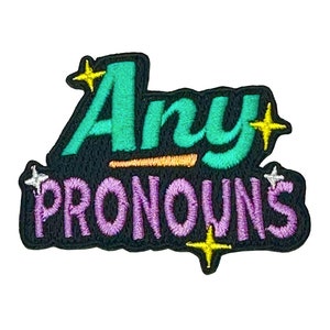 Iron-On Embroidered Patch - Any Pronouns (Green/Lilac)