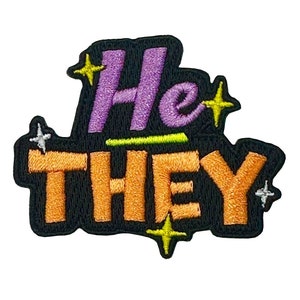 Iron-On Embroidered Patch - Pronouns He They (Purple/Orange)
