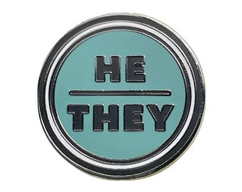 Metal Round Pronoun Lapel Pin - He/They (Turquoise Colour)