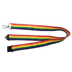 Può includere: Un laccio per il collo arcobaleno con un fermaglio argentato e un moschettone di sicurezza nero. Il laccio è realizzato in tessuto intrecciato e presenta un motivo arcobaleno.