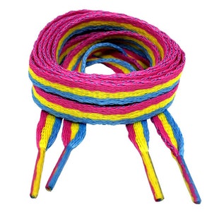 May include: A pair of pink, yellow and blue shoelaces. The shoelaces are striped and have a woven texture.