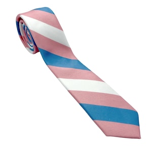 May include: A pink and blue striped tie with white stripes.