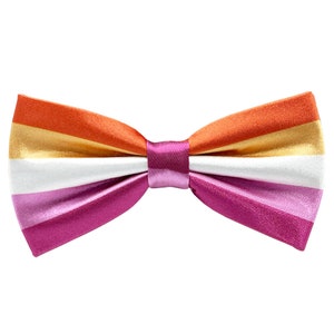 Peut inclure: Un nœud papillon aux couleurs du drapeau de la fierté lesbienne : orange, jaune, blanc et rose.