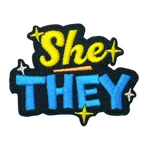 Iron-On Embroidered Patch - Pronouns She They (Yellow/Blue)