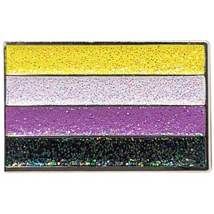 May include: A glittery pin featuring the non-binary pride flag. The flag has five horizontal stripes: yellow, white, purple, black, and a dark green.