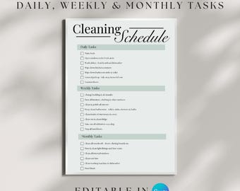 Cleaning Schedule, Daily, Weekly & Monthly Task Checklist for your home, Home Organisation, Editable Template