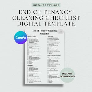May include: A printable checklist for end of tenancy cleaning. The checklist is divided into sections for kitchen and utility, bathrooms, hallway, stairs and landing, bedrooms, and living and dining areas. The checklist includes tasks such as cleaning appliances, wiping down surfaces, and vacuuming floors.